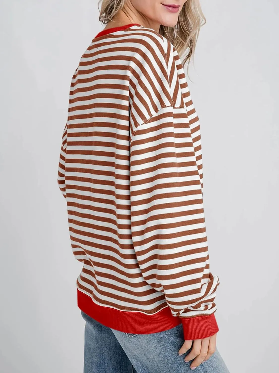 Fisoew Womens Striped Oversized Sweatshirt Color Block Crew Neck Long Sleeve Shirt Casual Loose Pullover Top Y2K Clothes