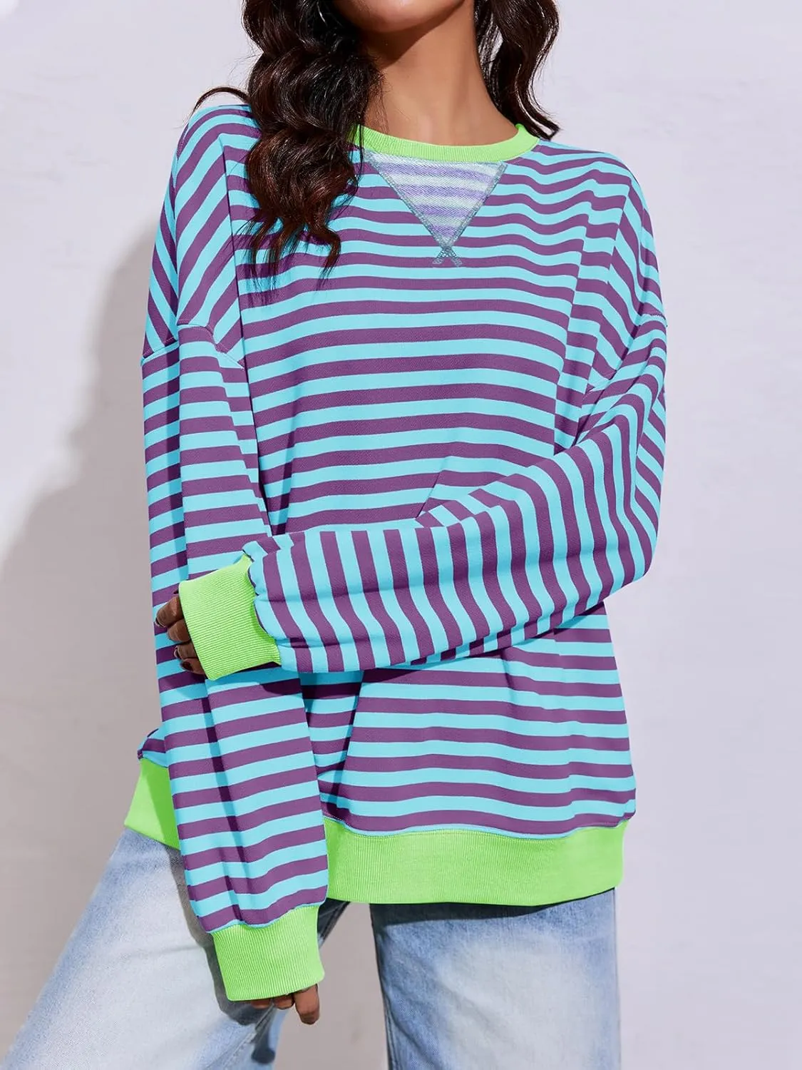 Fisoew Womens Striped Oversized Sweatshirt Color Block Crew Neck Long Sleeve Shirt Casual Loose Pullover Top Y2K Clothes