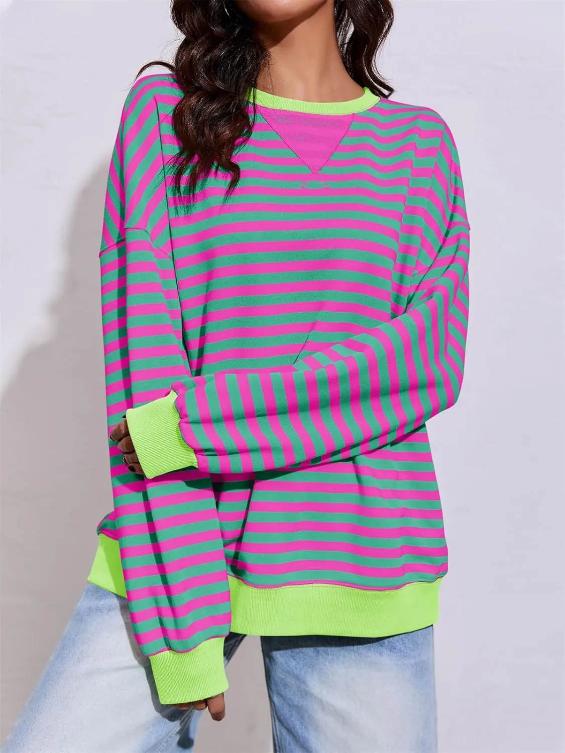 Fisoew Womens Striped Oversized Sweatshirt Color Block Crew Neck Long Sleeve Shirt Casual Loose Pullover Top Y2K Clothes