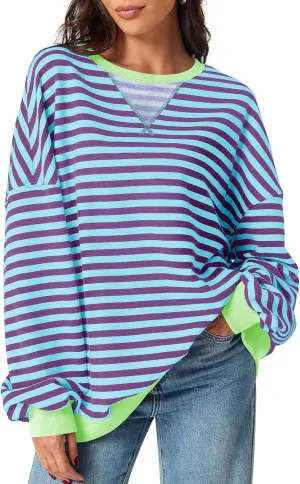 Fisoew Womens Striped Oversized Sweatshirt Color Block Crew Neck Long Sleeve Shirt Casual Loose Pullover Top Y2K Clothes