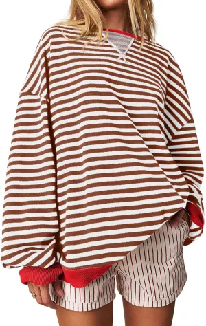 Fisoew Womens Striped Oversized Sweatshirt Color Block Crew Neck Long Sleeve Shirt Casual Loose Pullover Top Y2K Clothes
