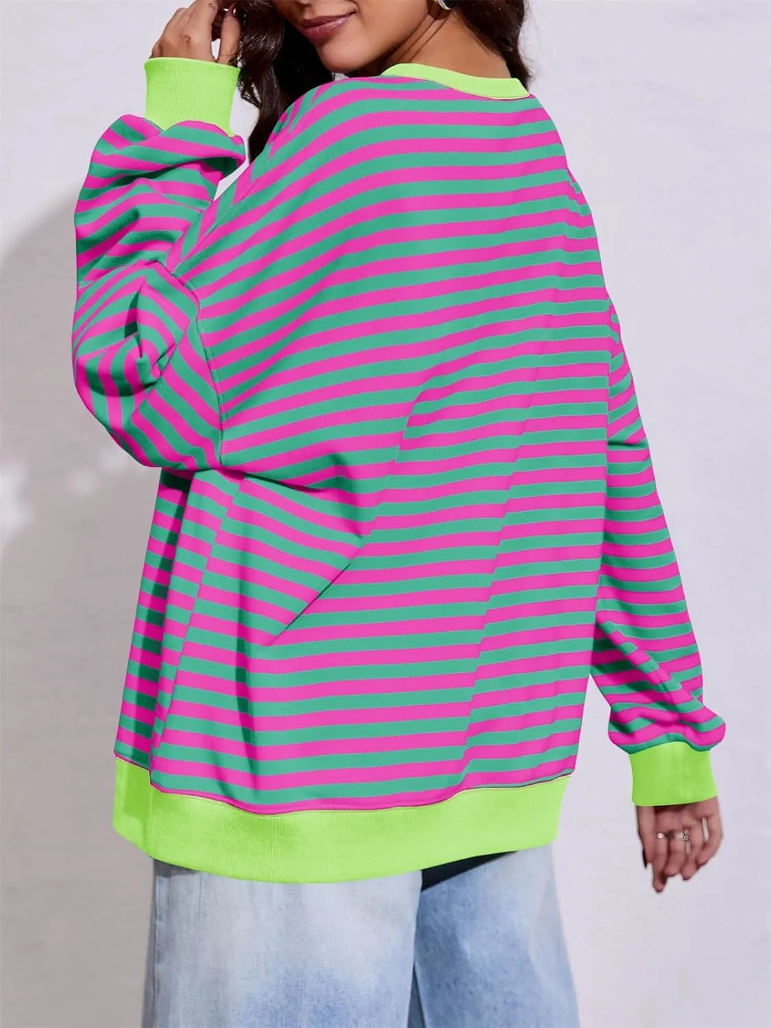 Fisoew Womens Striped Oversized Sweatshirt Color Block Crew Neck Long Sleeve Shirt Casual Loose Pullover Top Y2K Clothes