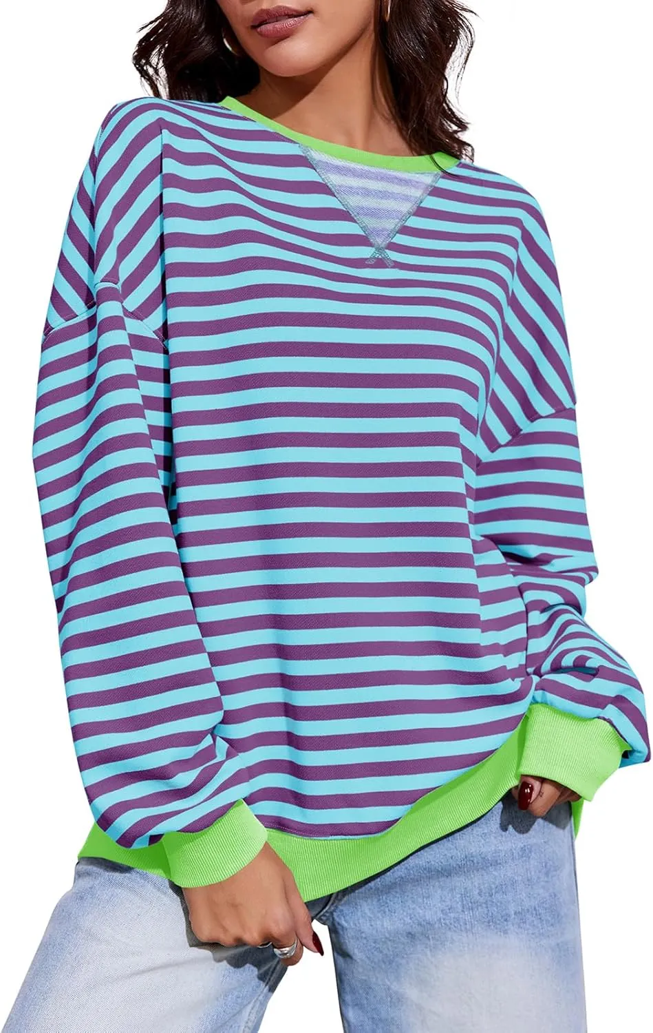 Fisoew Womens Striped Oversized Sweatshirt Color Block Crew Neck Long Sleeve Shirt Casual Loose Pullover Top Y2K Clothes