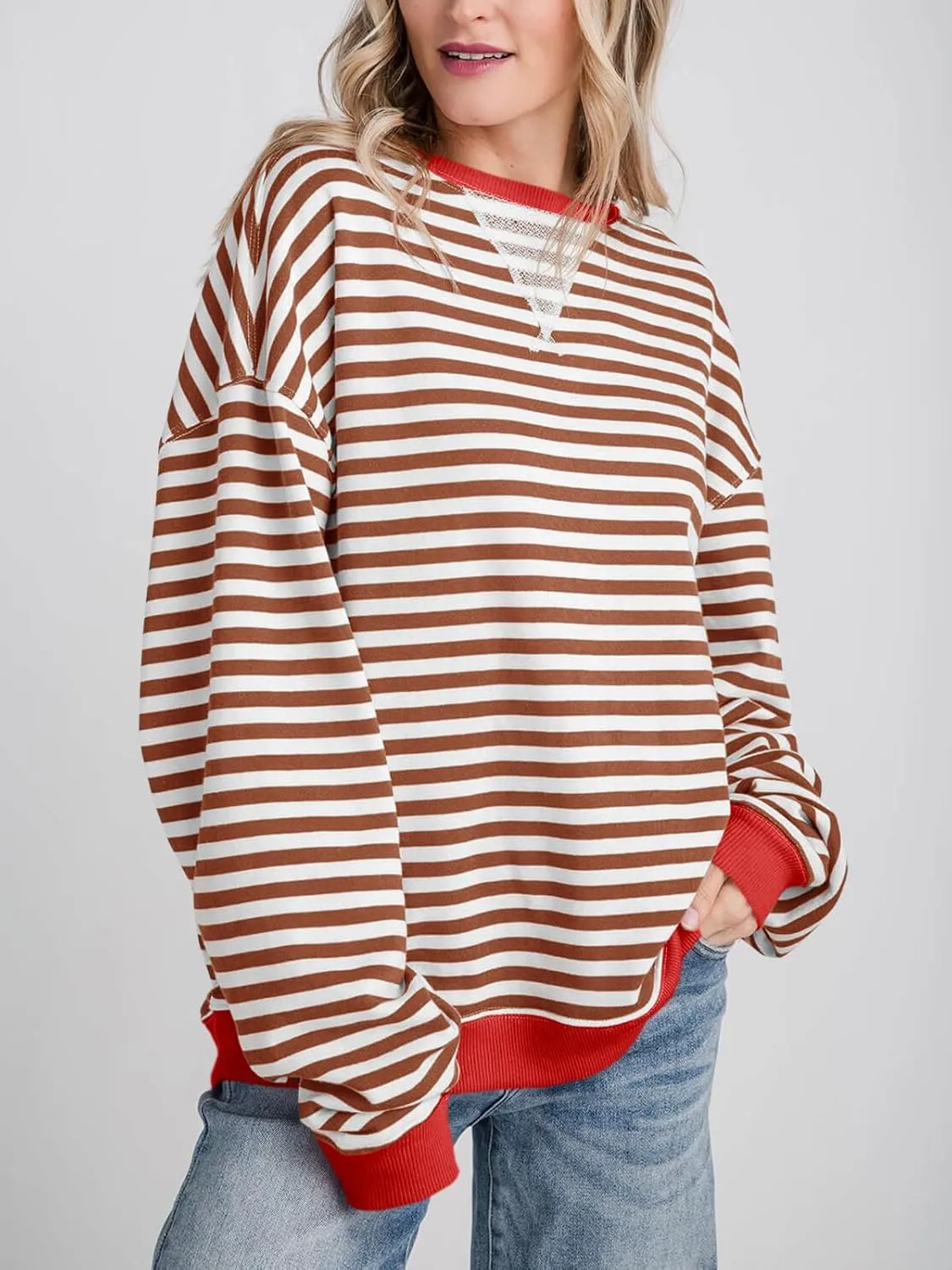 Fisoew Womens Striped Oversized Sweatshirt Color Block Crew Neck Long Sleeve Shirt Casual Loose Pullover Top Y2K Clothes