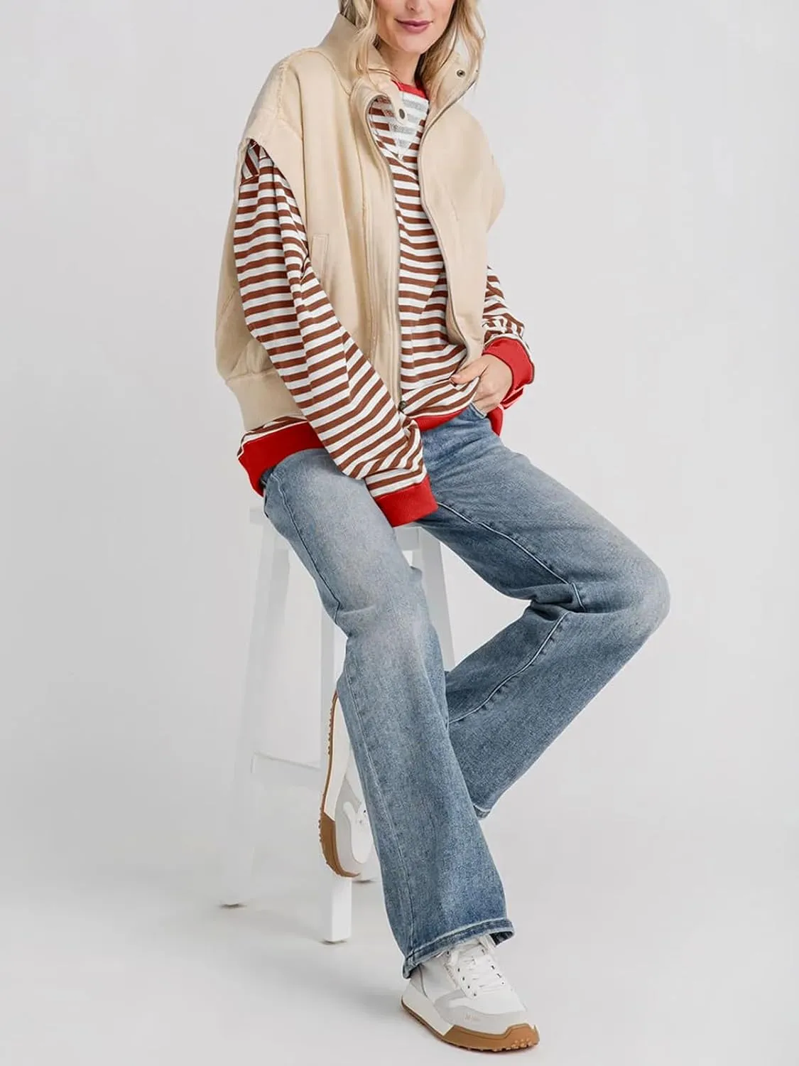 Fisoew Womens Striped Oversized Sweatshirt Color Block Crew Neck Long Sleeve Shirt Casual Loose Pullover Top Y2K Clothes