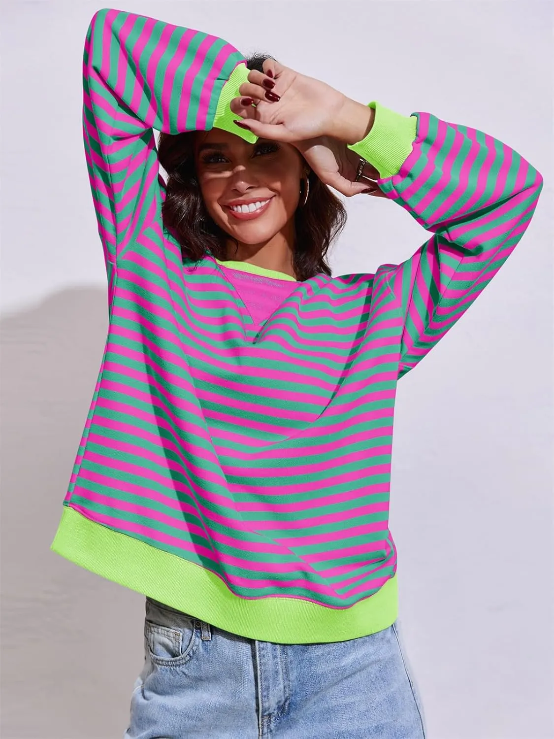 Fisoew Womens Striped Oversized Sweatshirt Color Block Crew Neck Long Sleeve Shirt Casual Loose Pullover Top Y2K Clothes