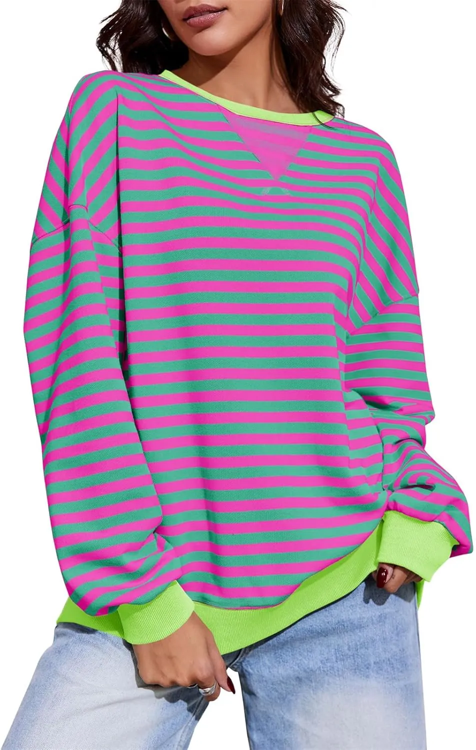 Fisoew Womens Striped Oversized Sweatshirt Color Block Crew Neck Long Sleeve Shirt Casual Loose Pullover Top Y2K Clothes