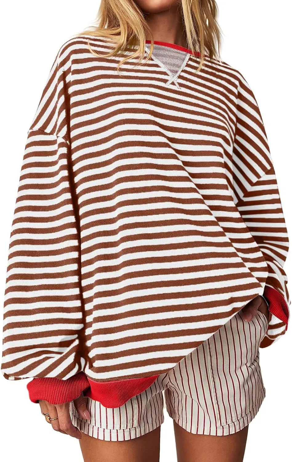 Fisoew Womens Striped Oversized Sweatshirt Color Block Crew Neck Long Sleeve Shirt Casual Loose Pullover Top Y2K Clothes