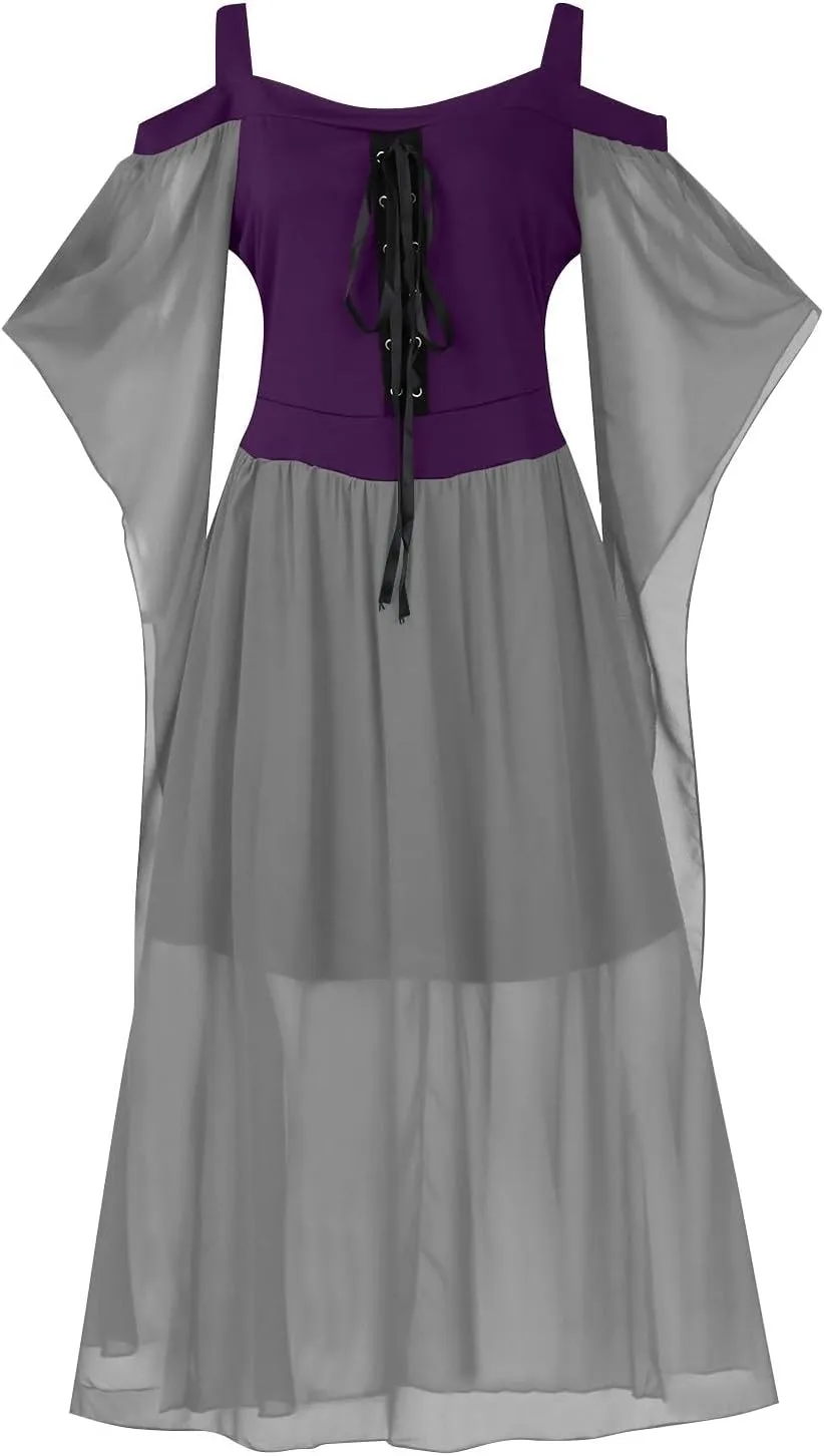 FlekmanArt Women's Gothic Punk Dress Medieval Irish Over Dress Halloween Costumes Cold Shoulder Butterfly Sleeve Dress
