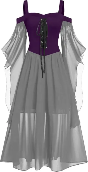FlekmanArt Women's Gothic Punk Dress Medieval Irish Over Dress Halloween Costumes Cold Shoulder Butterfly Sleeve Dress