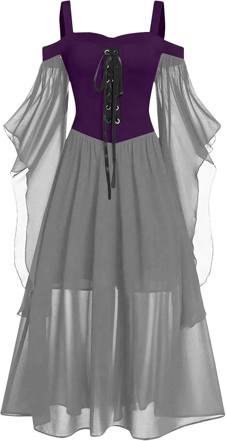 FlekmanArt Women's Gothic Punk Dress Medieval Irish Over Dress Halloween Costumes Cold Shoulder Butterfly Sleeve Dress