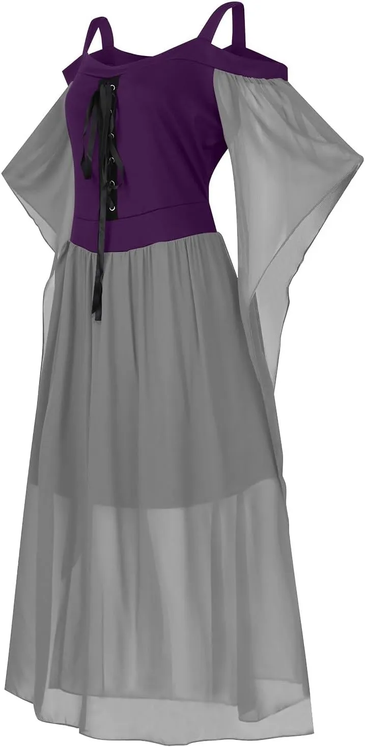 FlekmanArt Women's Gothic Punk Dress Medieval Irish Over Dress Halloween Costumes Cold Shoulder Butterfly Sleeve Dress