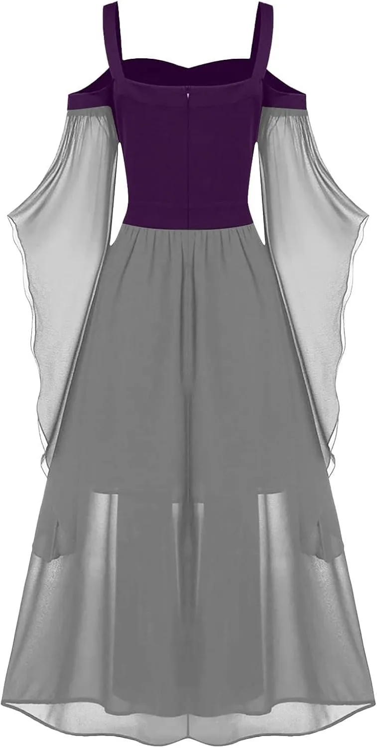 FlekmanArt Women's Gothic Punk Dress Medieval Irish Over Dress Halloween Costumes Cold Shoulder Butterfly Sleeve Dress