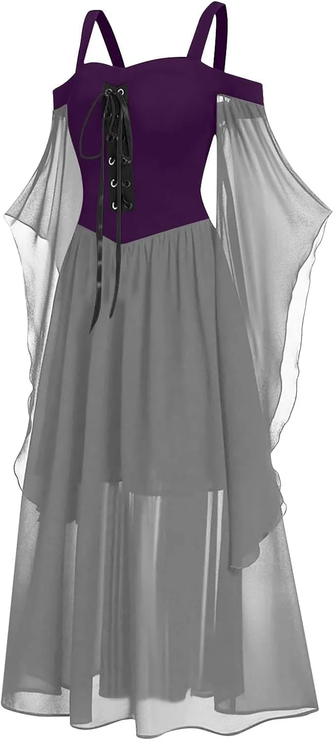 FlekmanArt Women's Gothic Punk Dress Medieval Irish Over Dress Halloween Costumes Cold Shoulder Butterfly Sleeve Dress