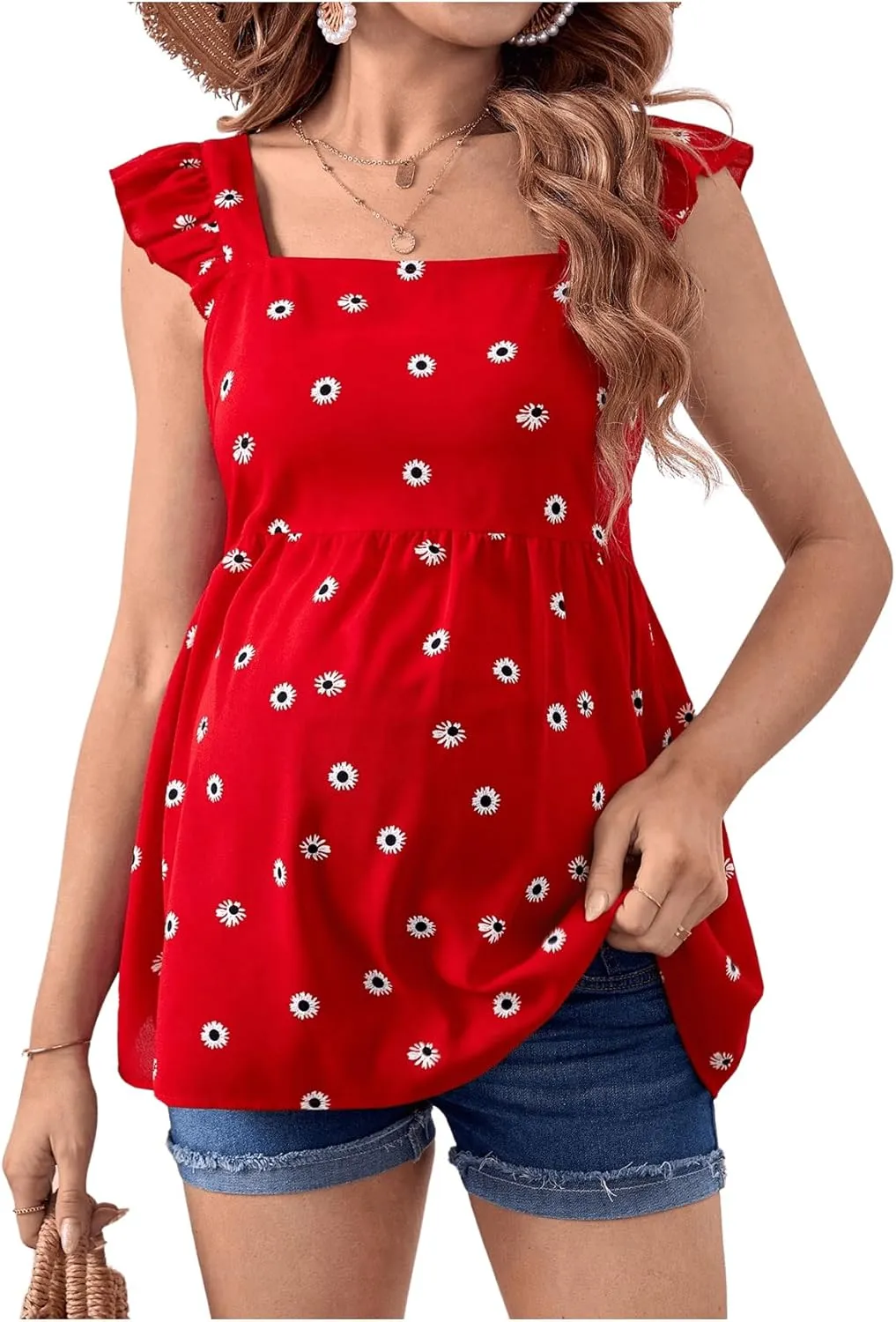 Floerns Women's Striped Print Boat Neck Tie Back Sleeveless Maternity Peplum Blouse Tops
