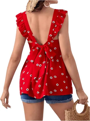 Floerns Women's Striped Print Boat Neck Tie Back Sleeveless Maternity Peplum Blouse Tops