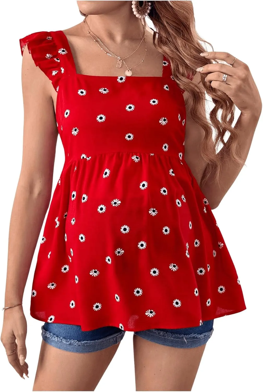 Floerns Women's Striped Print Boat Neck Tie Back Sleeveless Maternity Peplum Blouse Tops