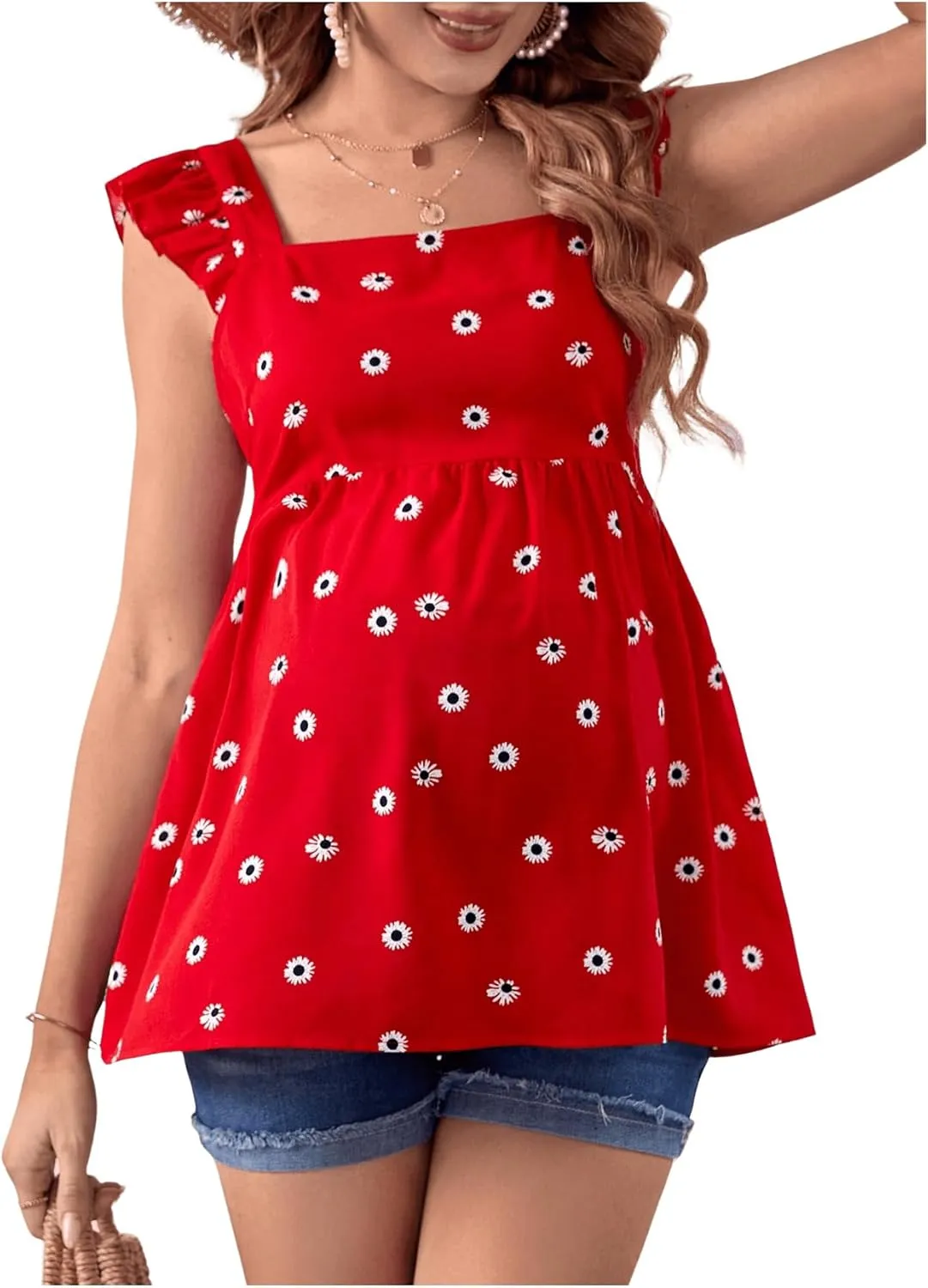 Floerns Women's Striped Print Boat Neck Tie Back Sleeveless Maternity Peplum Blouse Tops
