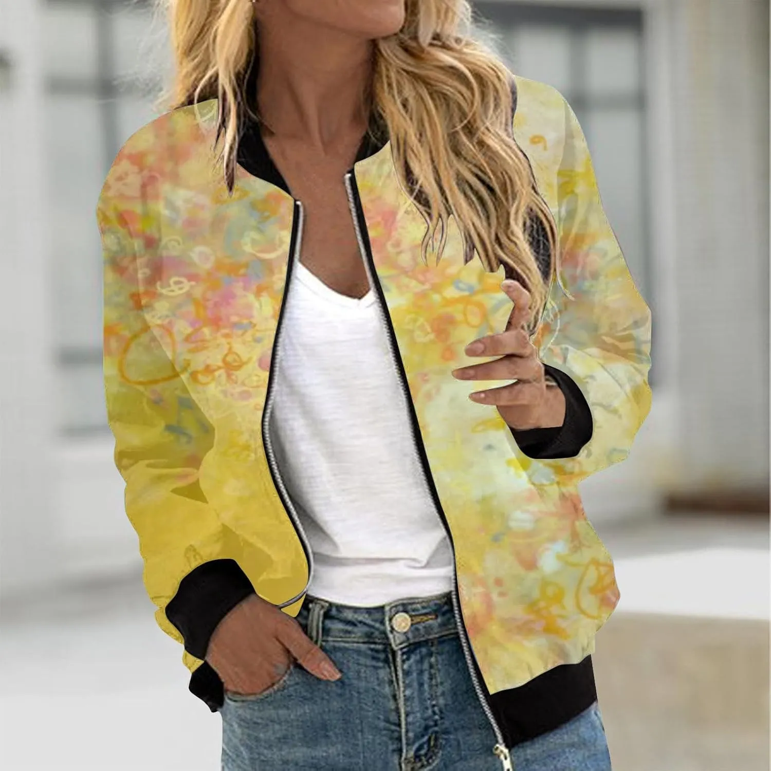 Floral Print Jackets for Women Fall Fashion 2024 Zip Up Y2K Coat Long Sleeve Stand Collar Lightweight