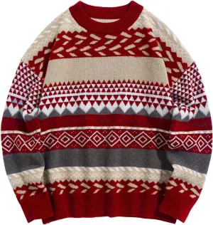 Flygo Men's Vintage Grandpa Sweater Crewneck Oversized Striped Aztec Cable Knit Pullover Unisex Jumper Tops