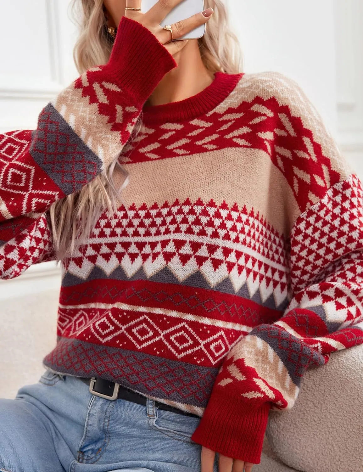 Flygo Men's Vintage Grandpa Sweater Crewneck Oversized Striped Aztec Cable Knit Pullover Unisex Jumper Tops