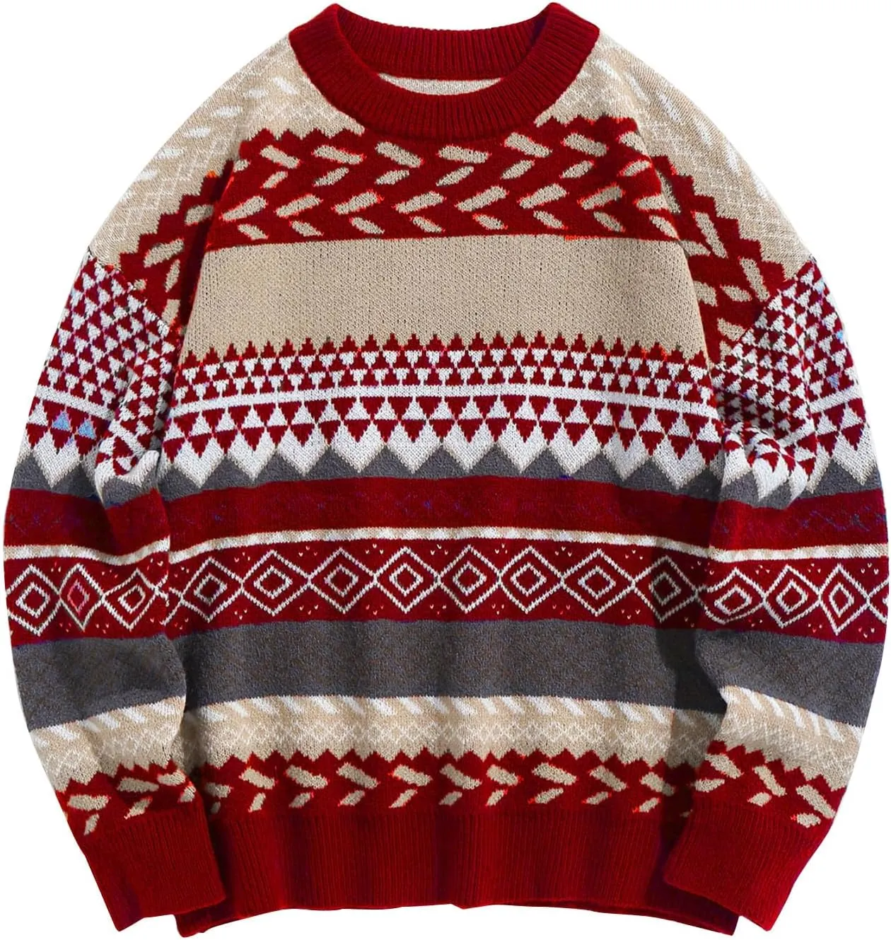 Flygo Men's Vintage Grandpa Sweater Crewneck Oversized Striped Aztec Cable Knit Pullover Unisex Jumper Tops