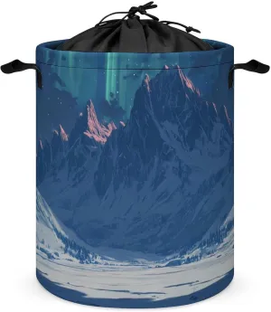 Foldable Laundry Basket, Waterproof Laundry Basket, Collapsible Laundry Bag with Easy Carry Handle, Snowy Mountain Range with Northern Lights -94