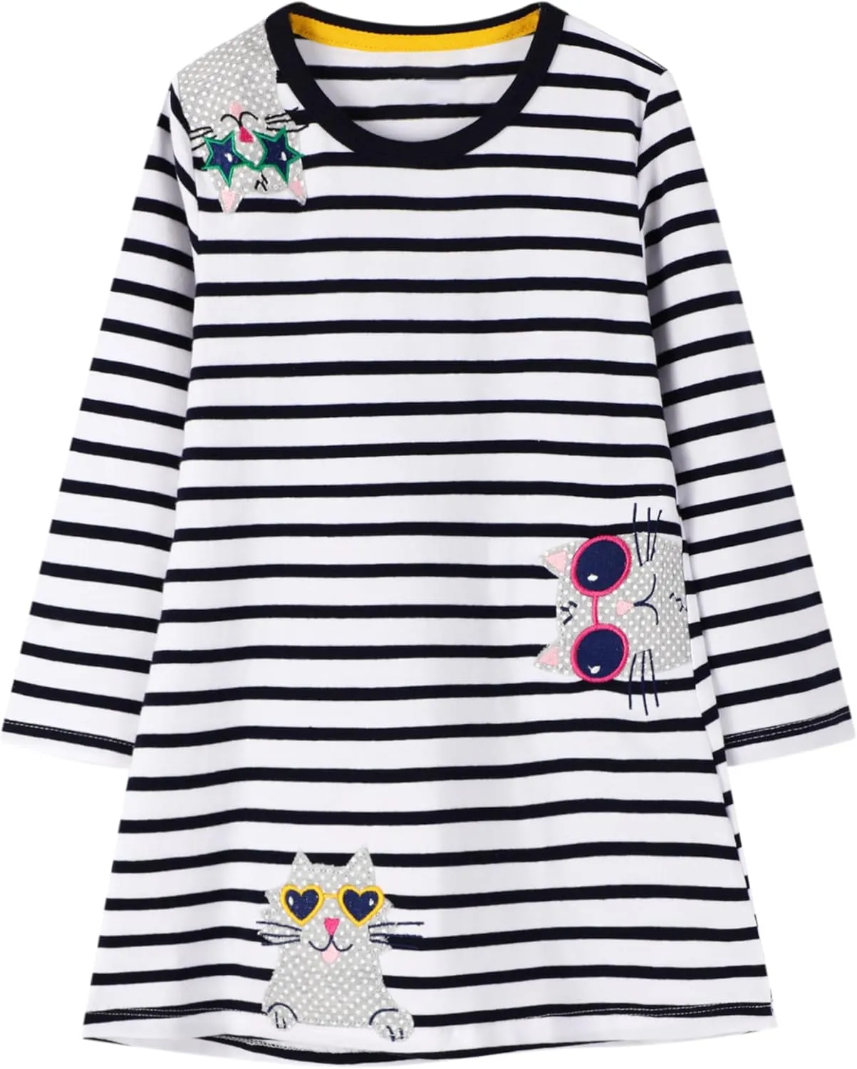 FreeLu Girls Cartoon Applique Dresses Striped Casual Dress Cotton Jersey Longsleeve T-Shirt