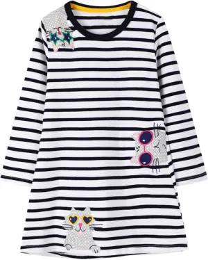FreeLu Girls Cartoon Applique Dresses Striped Casual Dress Cotton Jersey Longsleeve T-Shirt