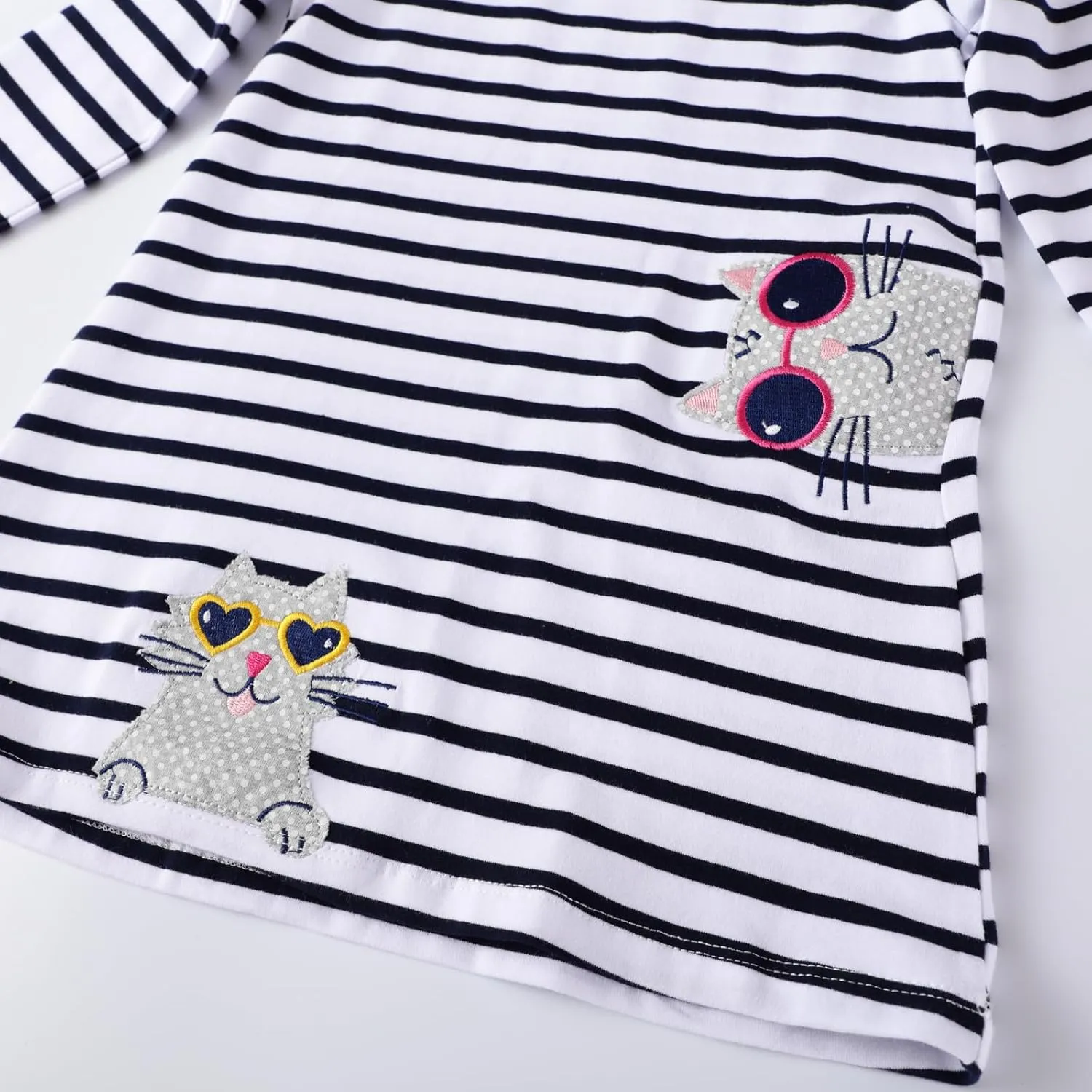FreeLu Girls Cartoon Applique Dresses Striped Casual Dress Cotton Jersey Longsleeve T-Shirt