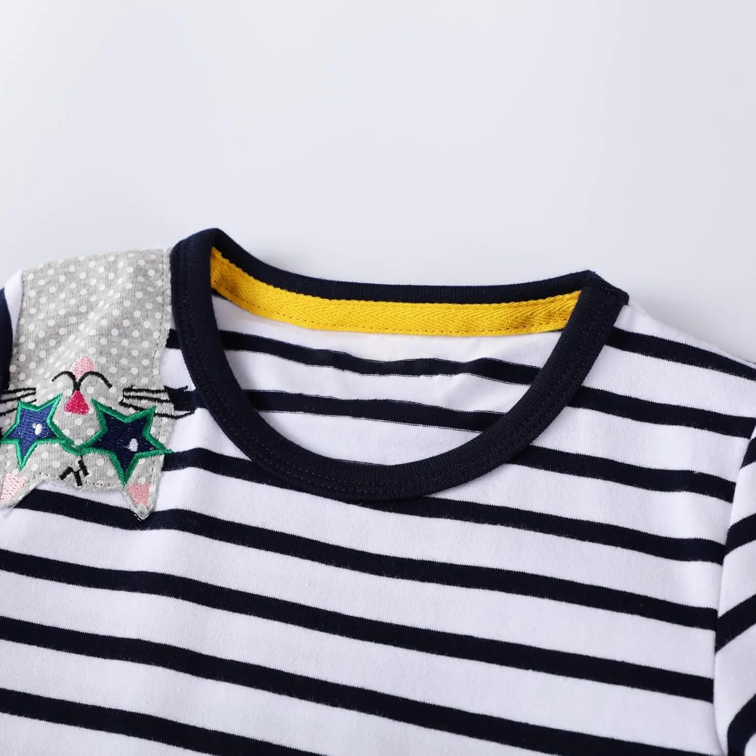 FreeLu Girls Cartoon Applique Dresses Striped Casual Dress Cotton Jersey Longsleeve T-Shirt