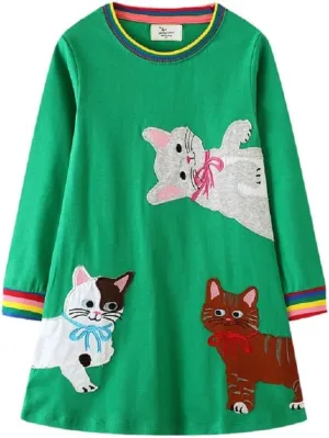 FreeLu Toddler Girls Cartoon Applique Dresses Striped Casual Dress Cotton Jersey Longsleeve T-Shirt