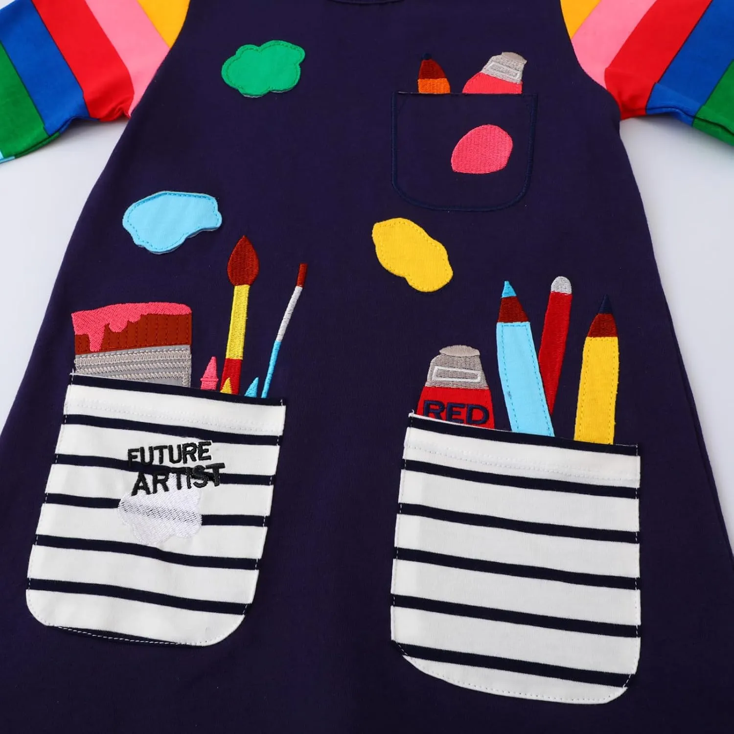 FreeLu Toddler Girls Cartoon Applique Dresses Striped Casual Dress Cotton Jersey Longsleeve T-Shirt
