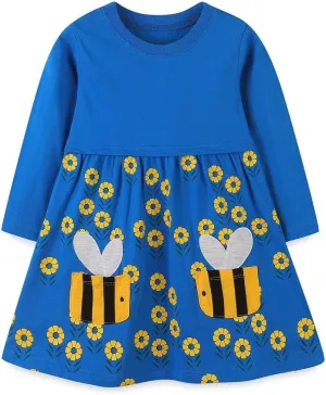 FreeLu Toddler Girls Cartoon Applique Dresses Striped Casual Dress Cotton Jersey Longsleeve T-Shirt