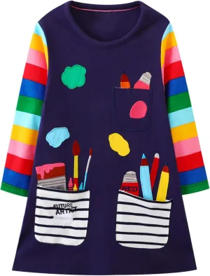 FreeLu Toddler Girls Cartoon Applique Dresses Striped Casual Dress Cotton Jersey Longsleeve T-Shirt