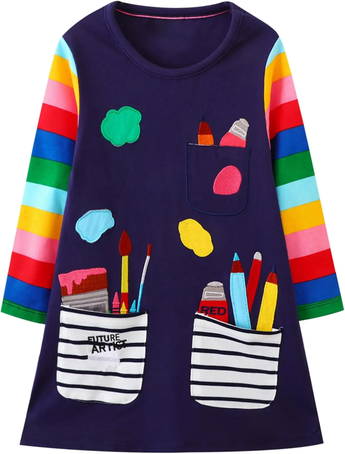 FreeLu Toddler Girls Cartoon Applique Dresses Striped Casual Dress Cotton Jersey Longsleeve T-Shirt