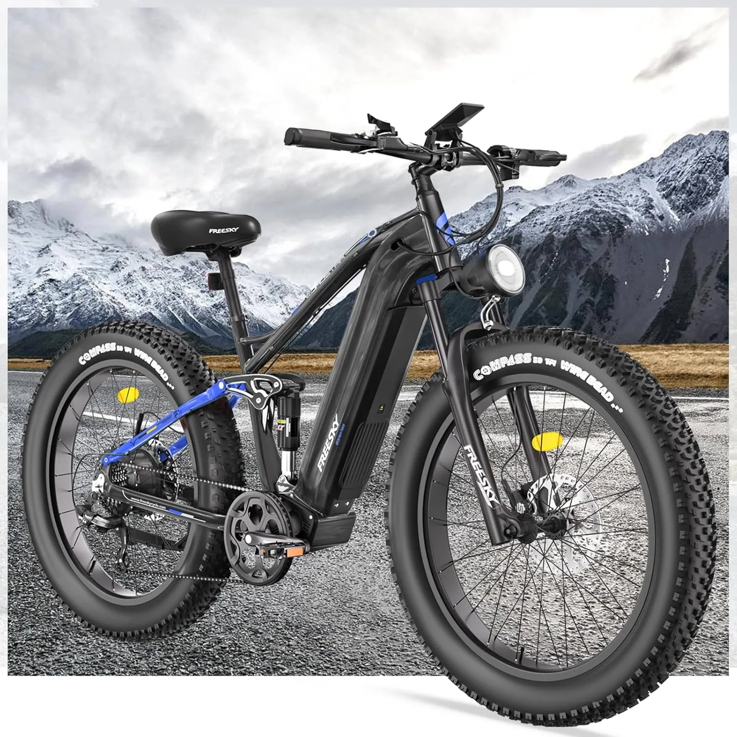 FREESKY 48V 23Ah 1500W Electric Bike, 35MPH Full Suspension Mountain E-bike, 26" Fat Tires Off-Road All-Terrain E Bicycle for Adults, 45-90 Miles Range, with Smart Keys, 7-Speed, Hydraulic Disc Brakes