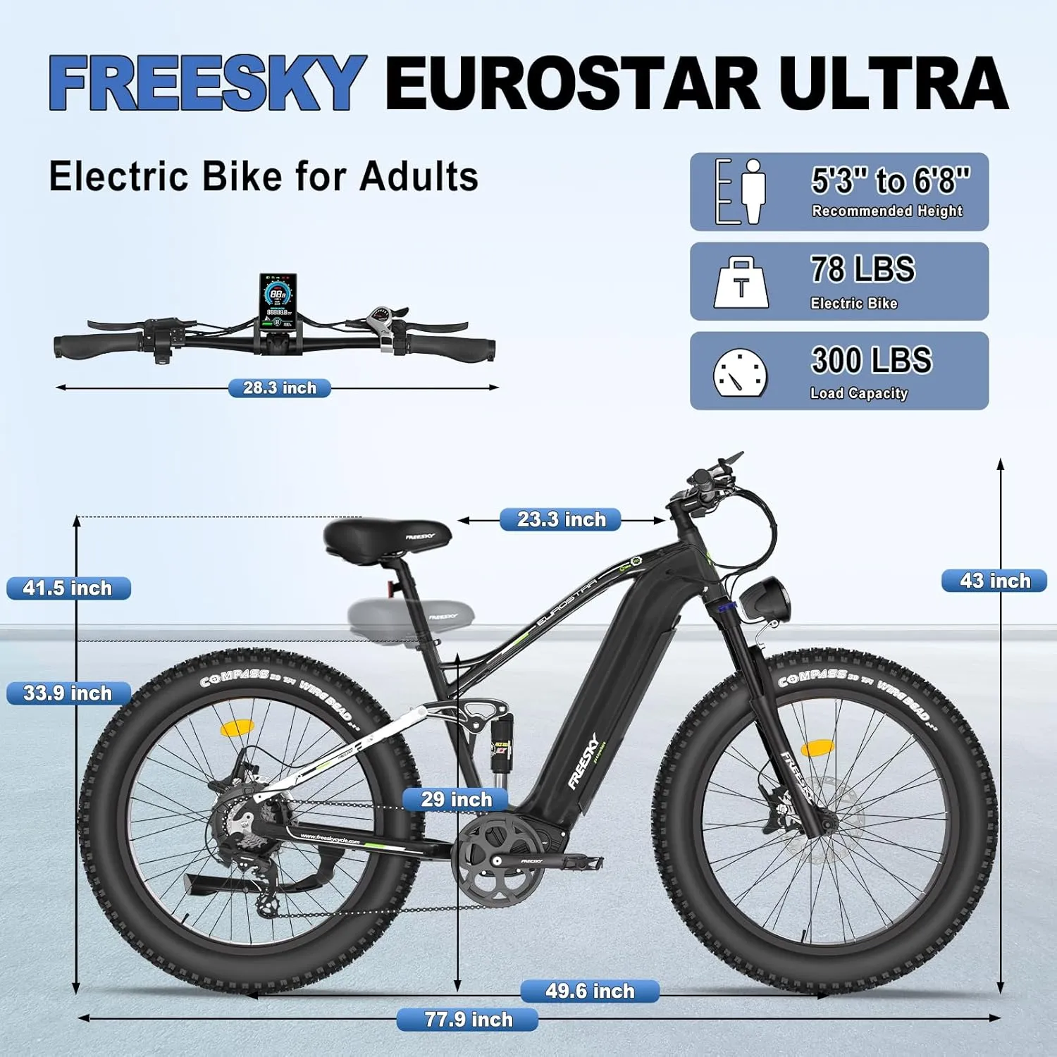 FREESKY 48V 23Ah 1500W Electric Bike, 35MPH Full Suspension Mountain E-bike, 26" Fat Tires Off-Road All-Terrain E Bicycle for Adults, 45-90 Miles Range, with Smart Keys, 7-Speed, Hydraulic Disc Brakes