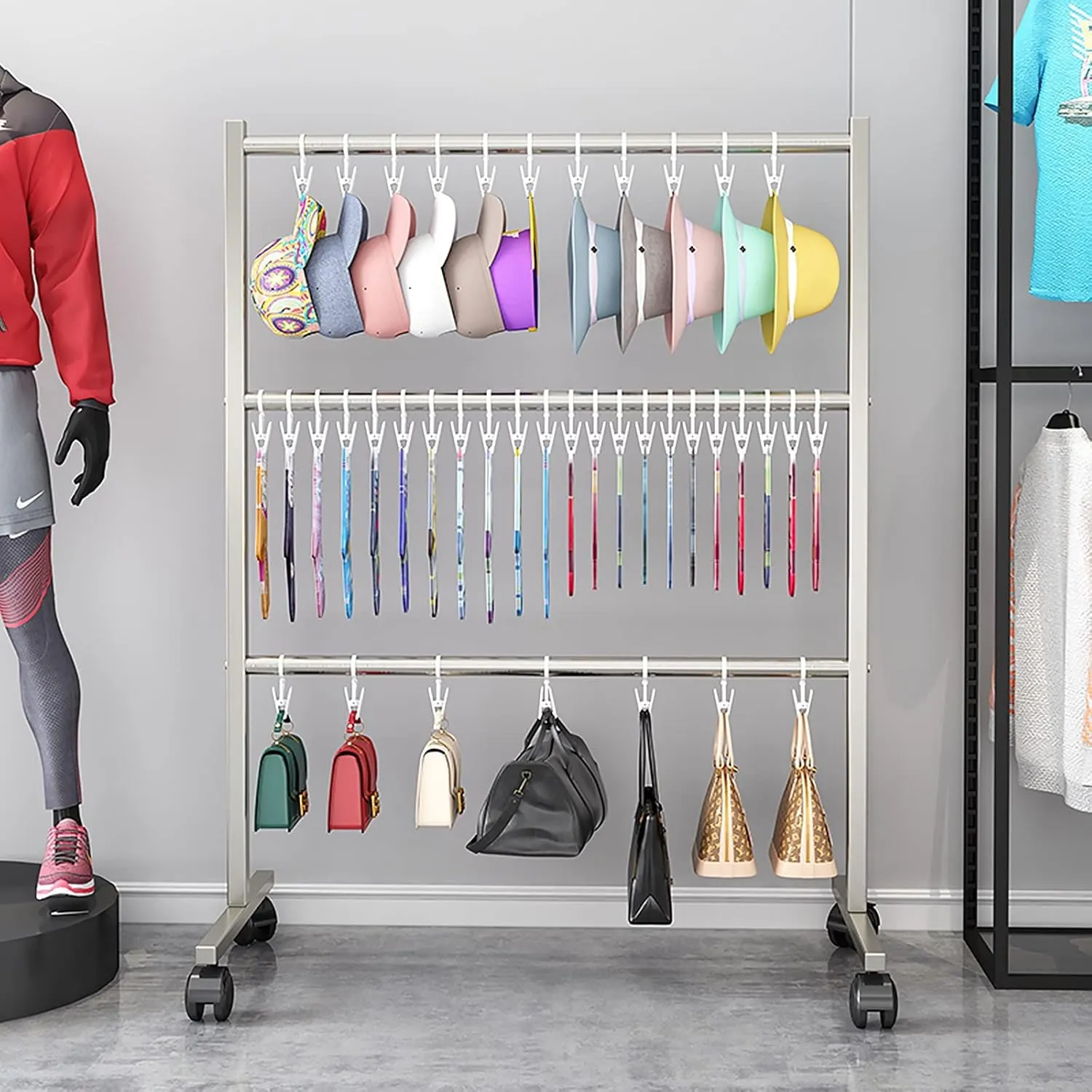 Freestanding Hat Rack Clothing Store Hat Storage Rack, Commercial Movable Bags/Socks Hanging Holder, Large Capacity Scarves Storage Shelf, Black Gold Silver Iron
