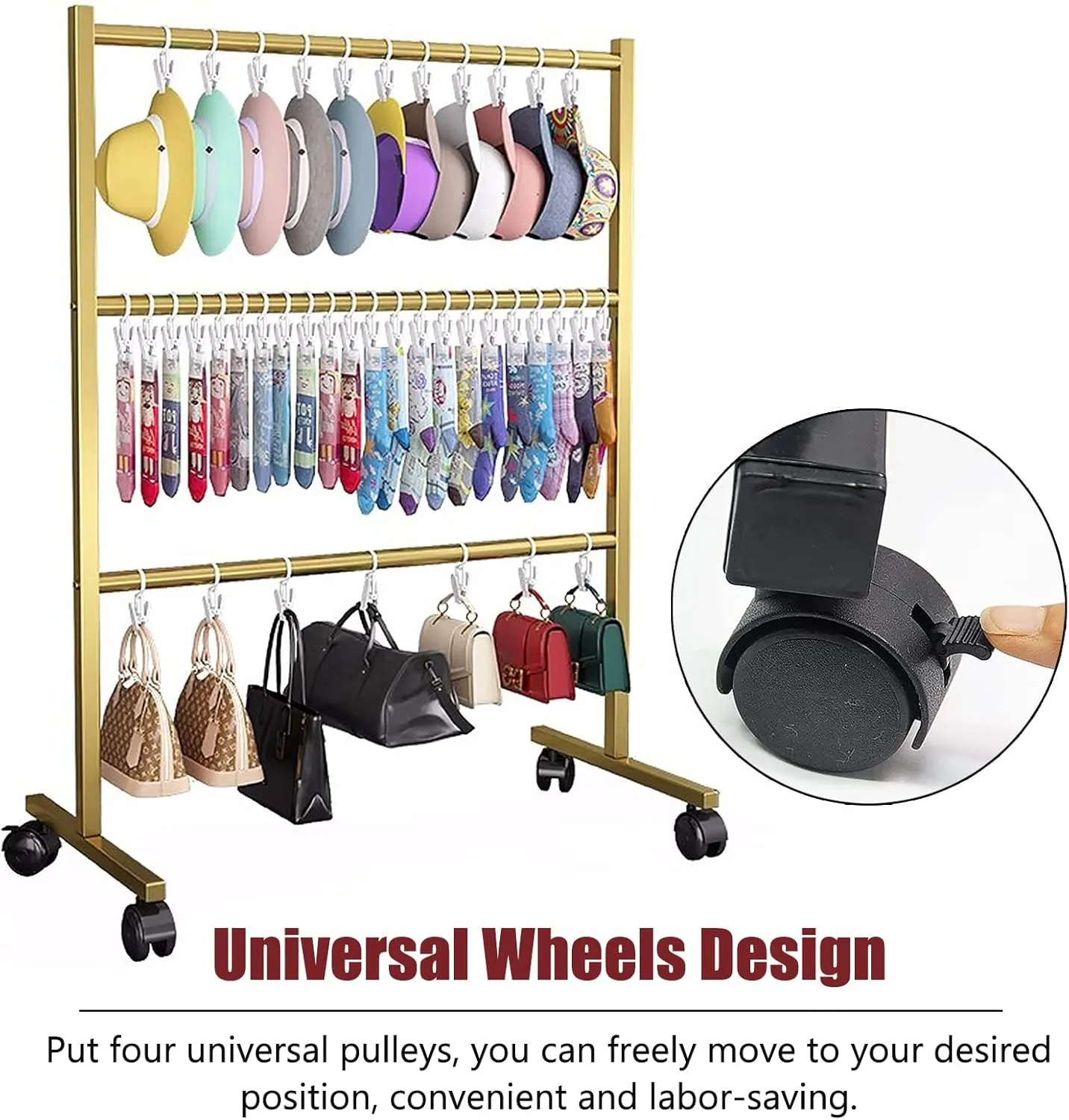 Freestanding Hat Rack Clothing Store Hat Storage Rack, Commercial Movable Bags/Socks Hanging Holder, Large Capacity Scarves Storage Shelf, Black Gold Silver Iron