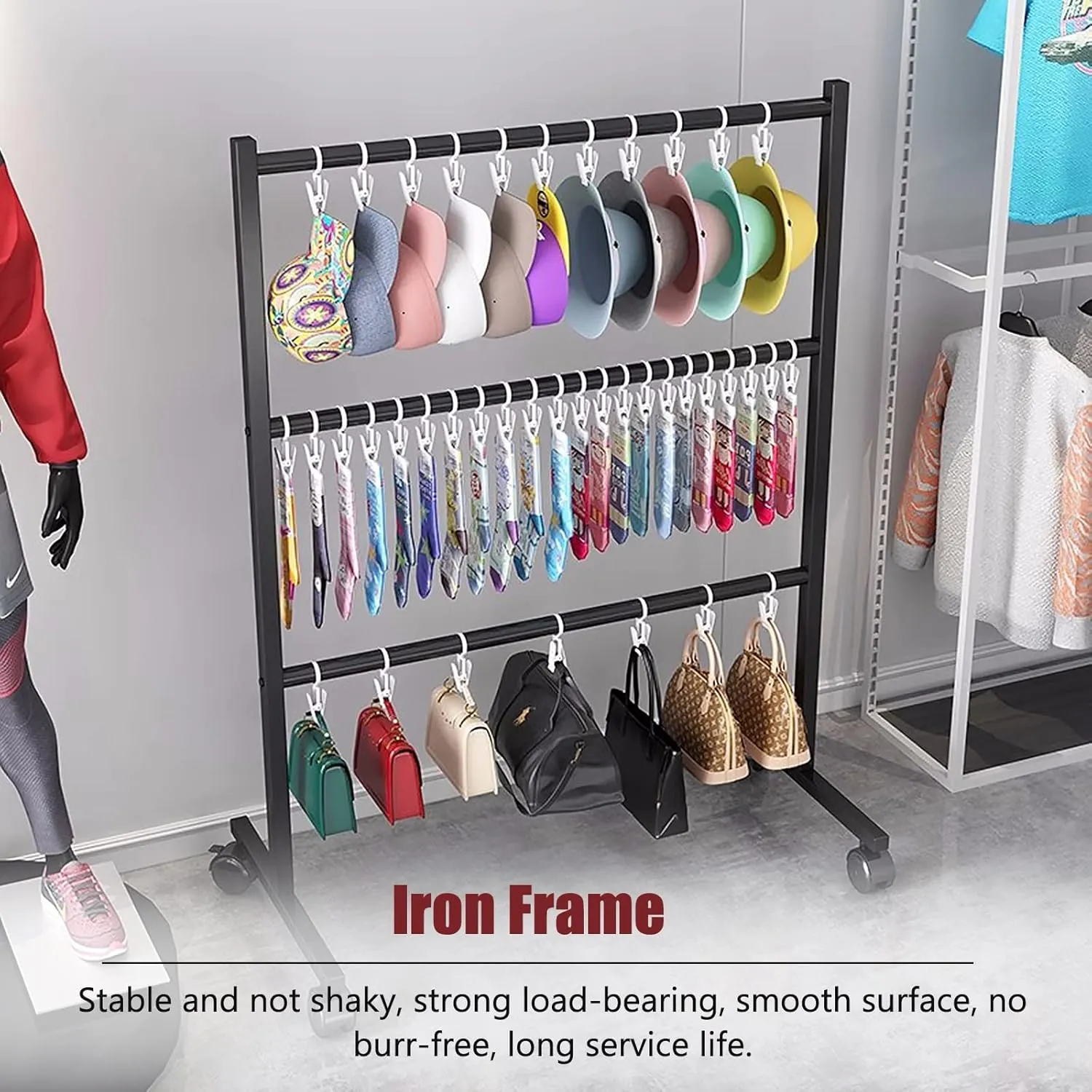 Freestanding Hat Rack Clothing Store Hat Storage Rack, Commercial Movable Bags/Socks Hanging Holder, Large Capacity Scarves Storage Shelf, Black Gold Silver Iron