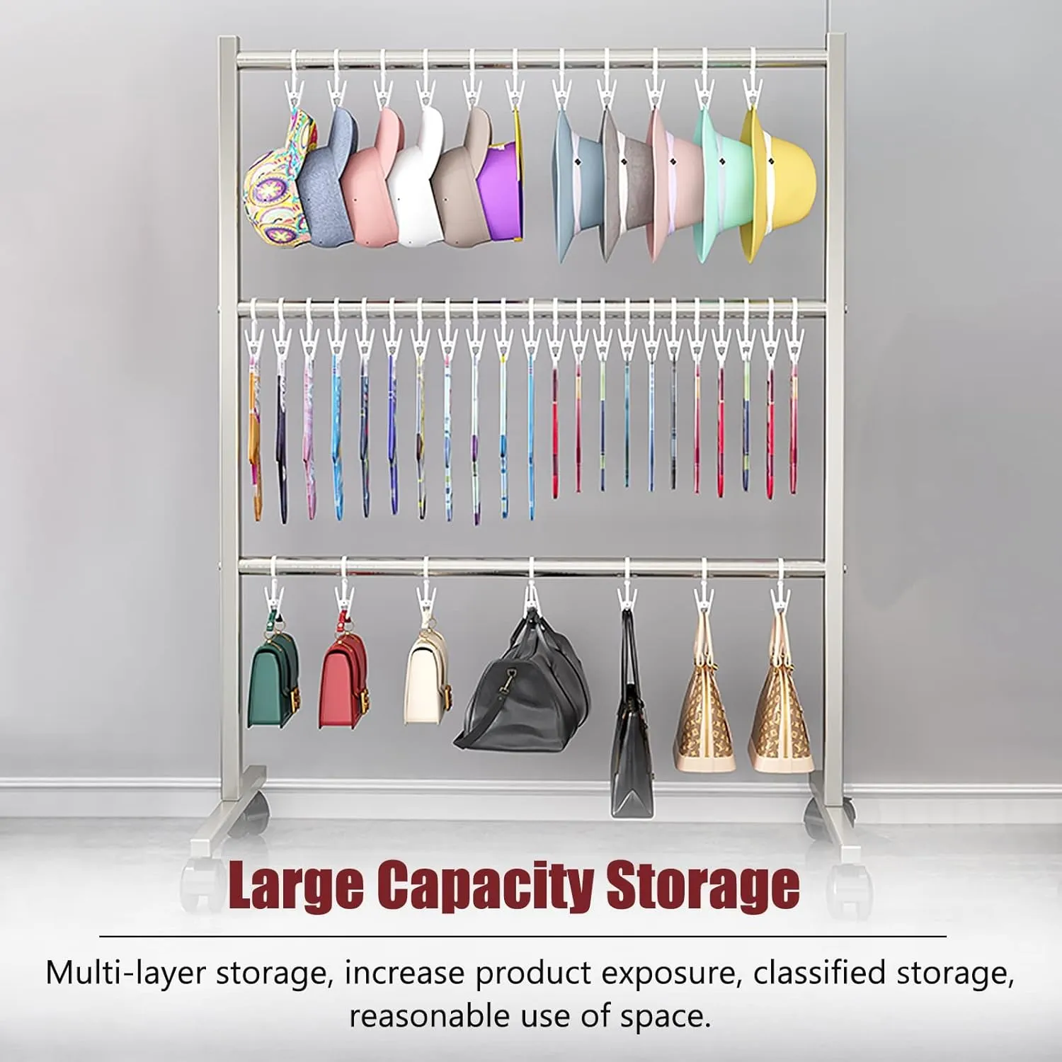 Freestanding Hat Rack Clothing Store Hat Storage Rack, Commercial Movable Bags/Socks Hanging Holder, Large Capacity Scarves Storage Shelf, Black Gold Silver Iron