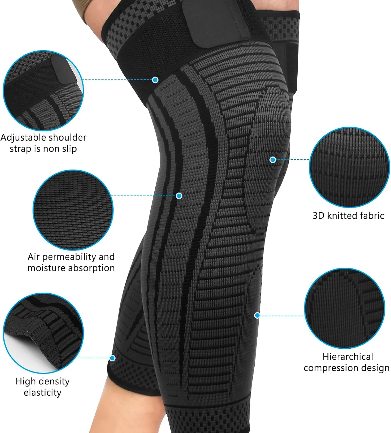 Full Leg Compression Sleeves 2 Pack Long Knee Support for Men and Women for ACJ, Meniscus Tear, Arthritis