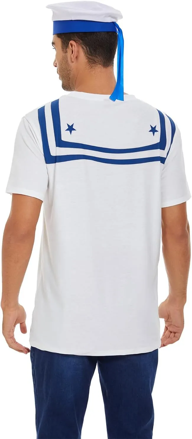 Funny Men Sailor T-Shirt with Hat, 3D Navy Collar Tee Shirts Set, Halloween Nautical Cruise Yacht Rock Party Themed Outfit