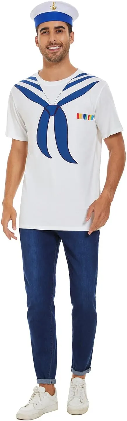 Funny Men Sailor T-Shirt with Hat, 3D Navy Collar Tee Shirts Set, Halloween Nautical Cruise Yacht Rock Party Themed Outfit
