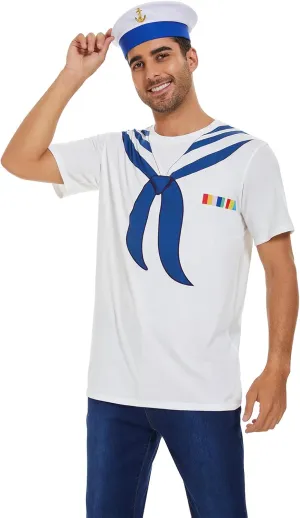 Funny Men Sailor T-Shirt with Hat, 3D Navy Collar Tee Shirts Set, Halloween Nautical Cruise Yacht Rock Party Themed Outfit