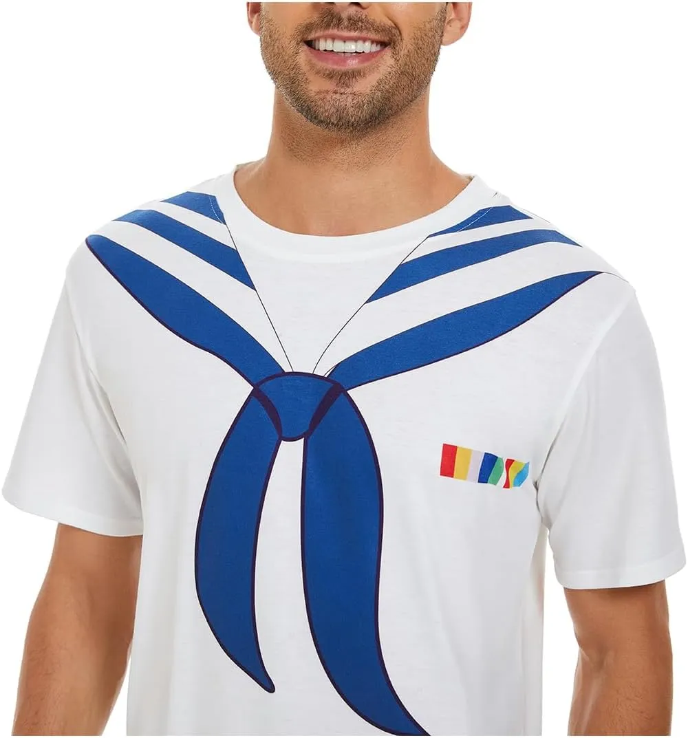 Funny Men Sailor T-Shirt with Hat, 3D Navy Collar Tee Shirts Set, Halloween Nautical Cruise Yacht Rock Party Themed Outfit