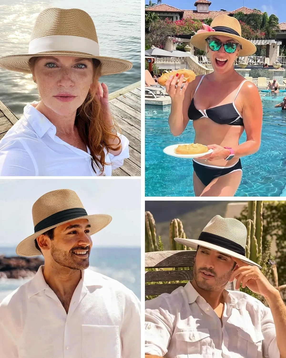 FURTALK Panama Hat Sun Hats for Women Men Wide Brim Fedora Straw Beach Hat UV UPF 80 