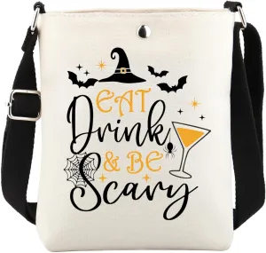 FUSTMW Halloween Witch Crossbody Bag Witch Gifts Eat Drink And Be Scary Crossbody Bucket Bag with Adjustable Shoulder Strap