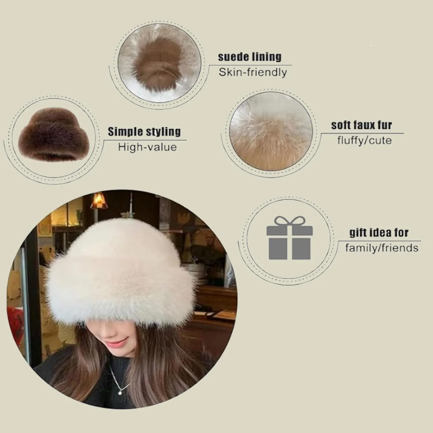 Fuzzy Bucket Hat，Women's Outdoors Winter Faux Fur Windproof Scarf Hat，Fisherman Cap